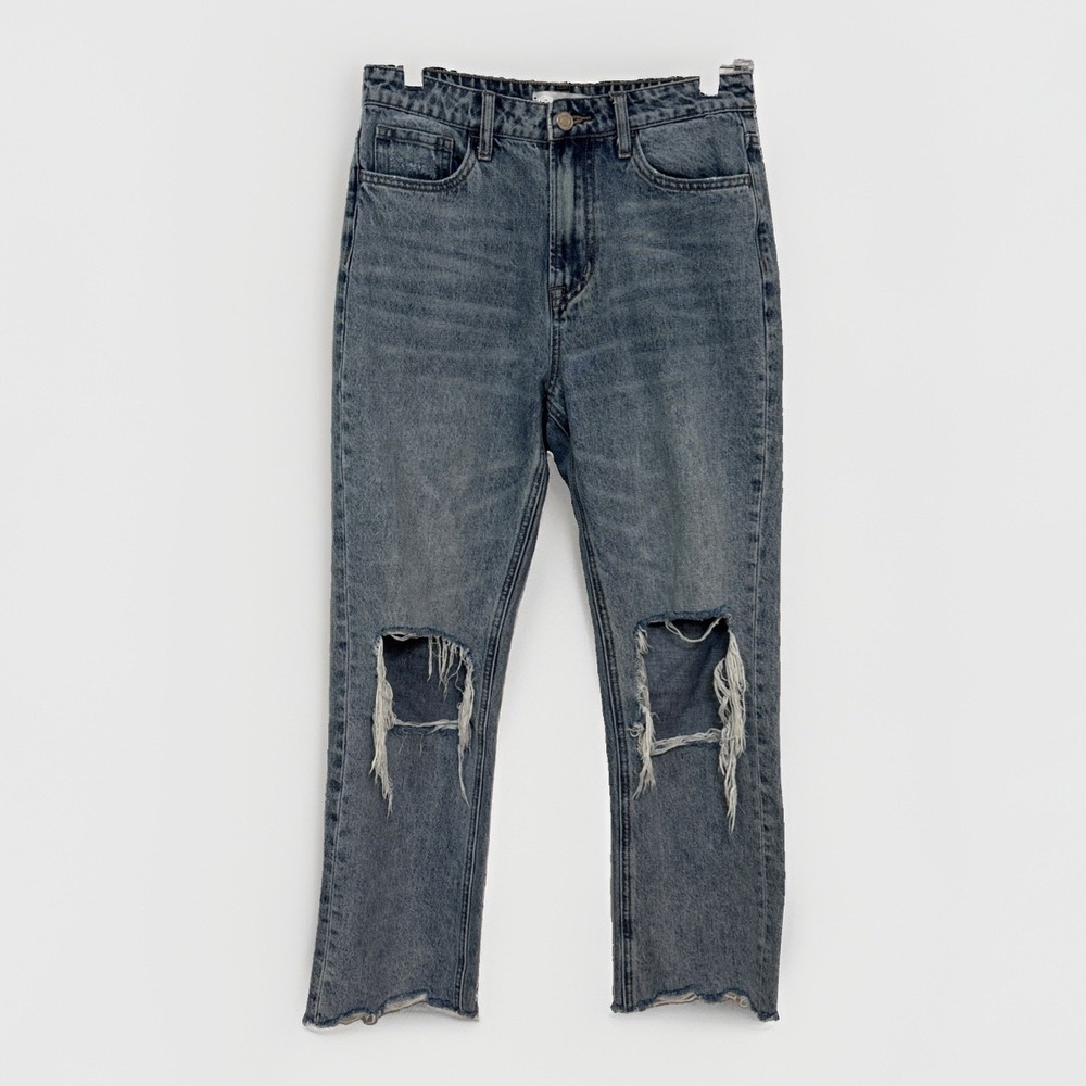 VERVET High Rise Straight Crop Jeans Womens 27 Blue Blowout Knees Raw Hem V2404
